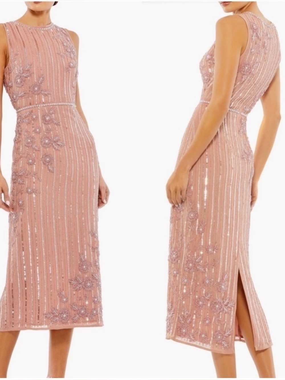 Mac Duggal Tea Length Beaded Embellished Midi Dress Jewel Blush Rose Size 16 NWT - Picture 3 of 16